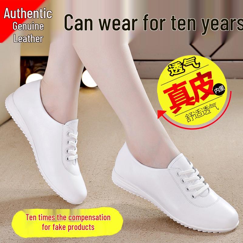 White Women's Genuine Leather Sneakers - Soft Sole, Casual Flat Shoes for Spring 2025