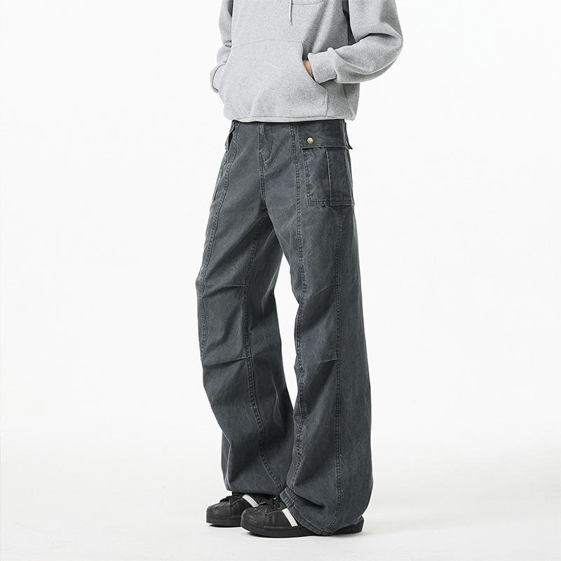 

Ретро стирка и старые рабочие брюки для мужчин и женщин Весенние свободные плиссированные прямые повседневные брюки Хайстрит микро-клеш 2XL