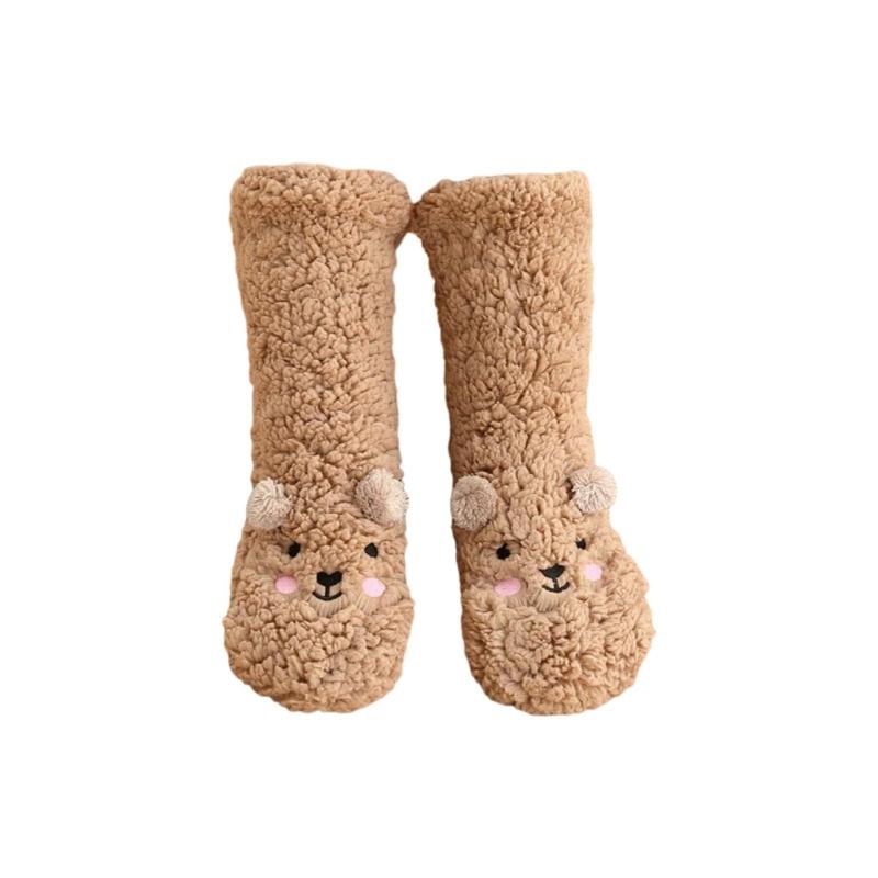 Women Winter Cute Bear Embroidery Fuzzy Slipper Socks Non Slip Warm Socks with Grips Furry Plush Sock for Home Sleeping