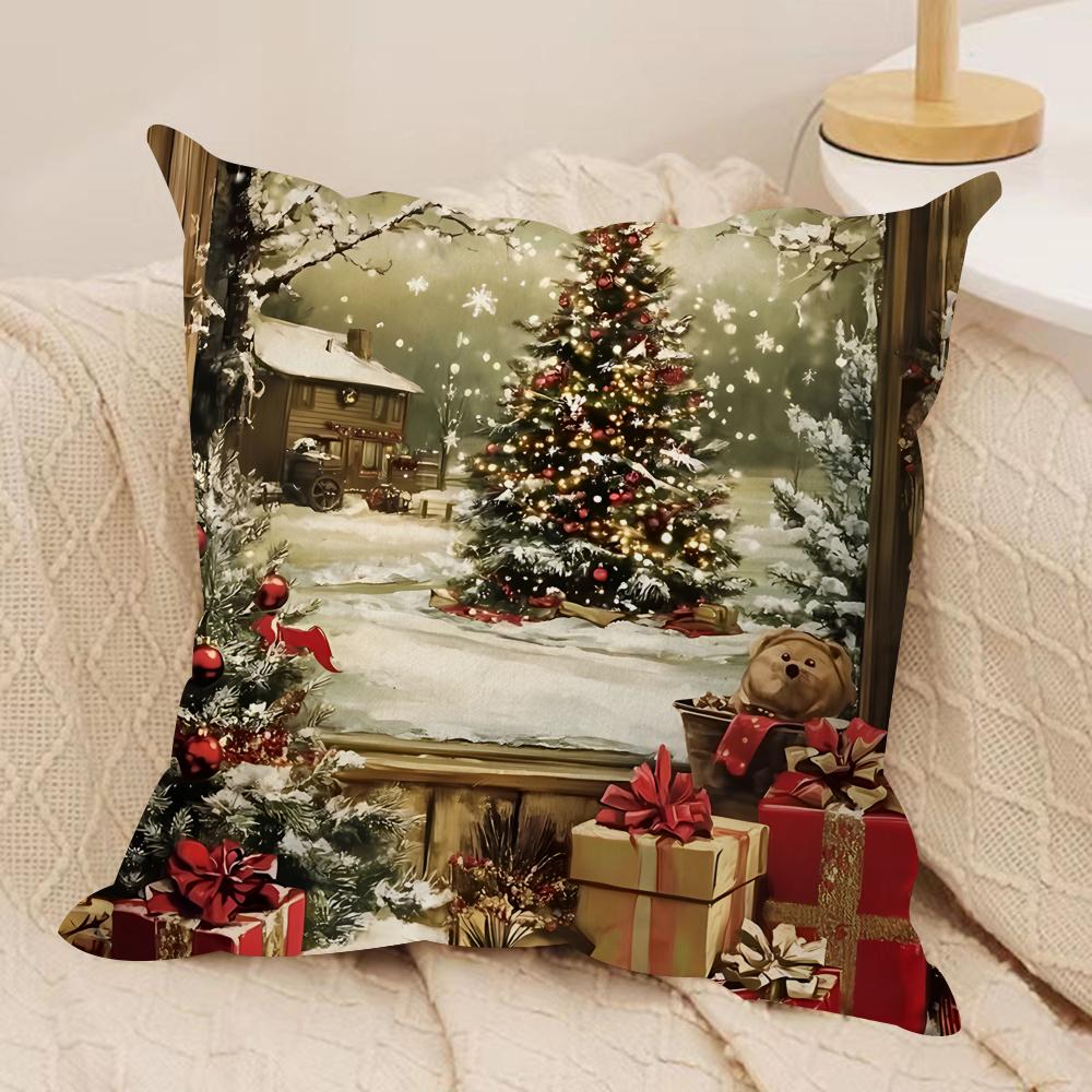 Christmas Window Snow Cushion Cover Silky Short Plush Invisible Zipper Dustproof Sofa Pillow Case For Home Decor
