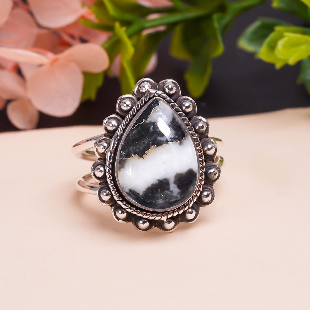 White Buffalo Turquoise - Nevada Gemstone 925 Sterling Silver Ring V9473, Black & White Ring, Pear Ring, Valentin's Day Gift, Gift For Her, Birthday G
