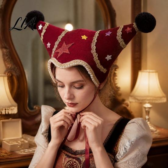 Holiday Photo Booth Decorations Christmas Jester Hat, Velvet Star Clown Hat with Gold Trim Pom Retro Style Performance Headpiece Poms, Adjustable Tie,