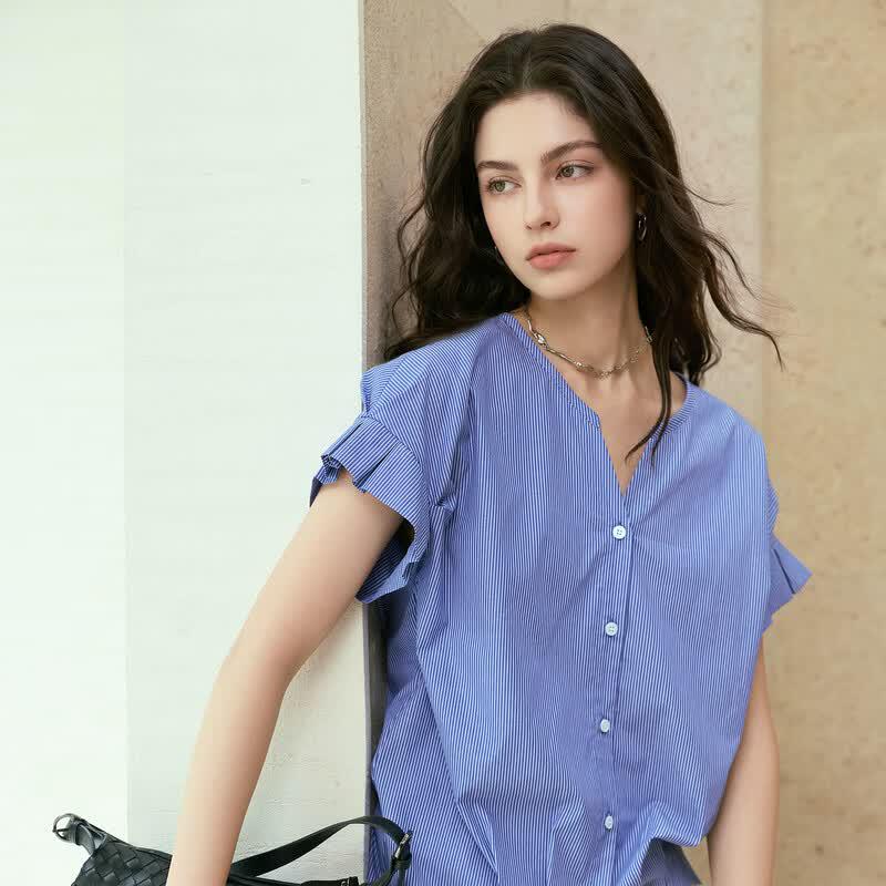 Women's V-Neck Striped Short Sleeve Blouse
