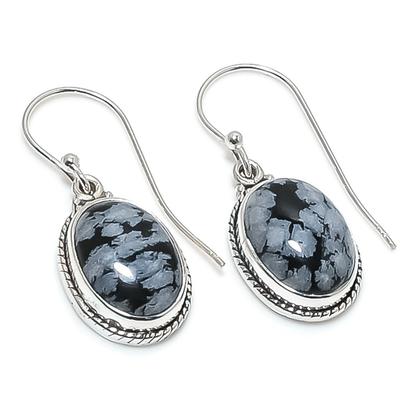Natural Snowflake Obsidian Gemstone 925 Solid Sterling Silver Earring 1.25" O5P30