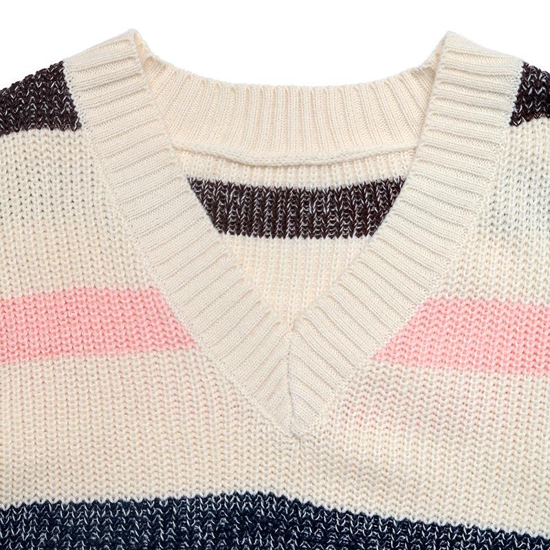 European & American Autumn/Winter V-Neck Striped Sweater - Women's Loose Fit, Long Sleeve, Mid-Length