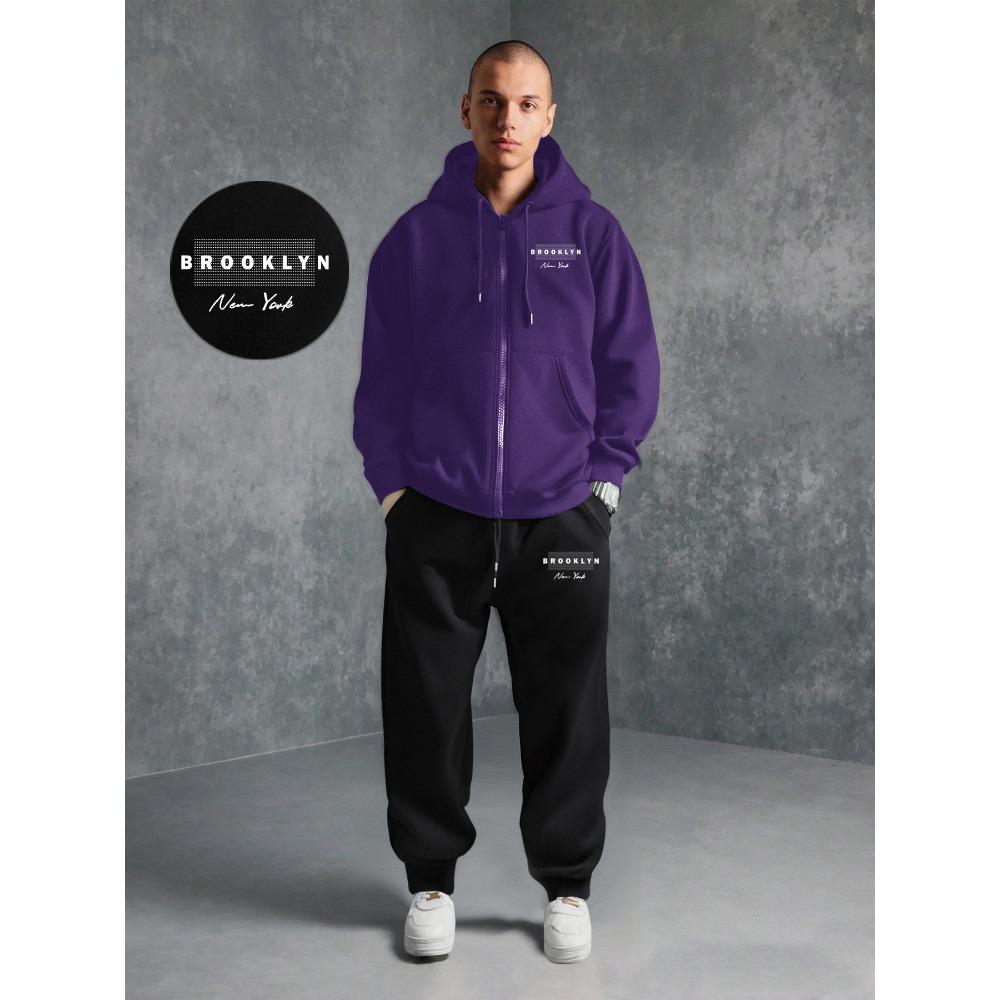 

Men S Dark Style Print Zip Sleeve Hoodie And Casual Jogger Pants Set, a Trendy Street Style, a Must-Have for Fashion Enthusiasts XXL фіолетовий