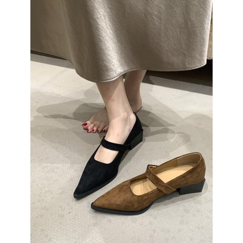 Pointed Head Shallow Mouth Mary Jane Shoes Autumn Shoes One-word Strap with Skirt Thick Heel Single Shoes
