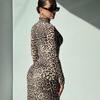 Spring Autumn Women's Sexy Leopard Print Long Sleeve High Neck Ripped Hem Dress