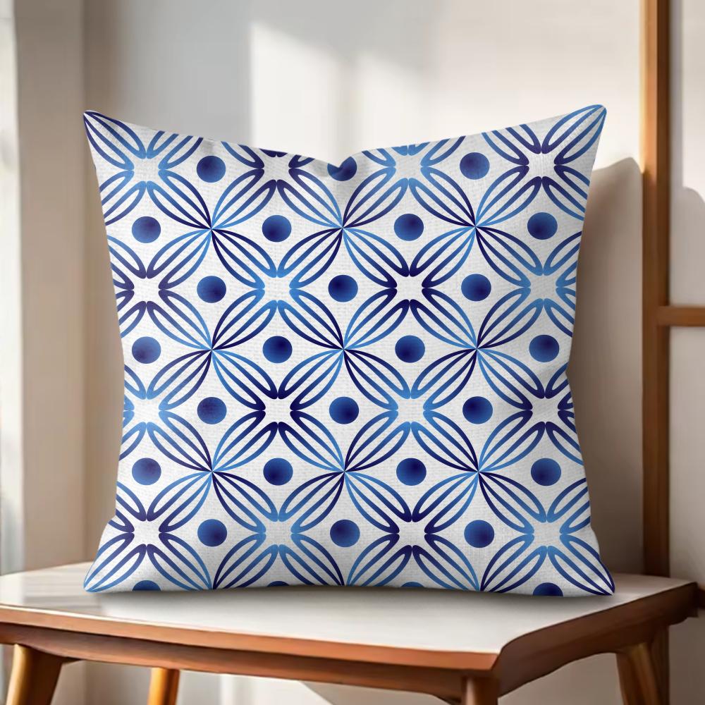 

Blue White Geometric Cushion Cover Natural Linen Organic Fabric DoubleSided Printing Couch Pillow Covers Home Decor 30x30cm