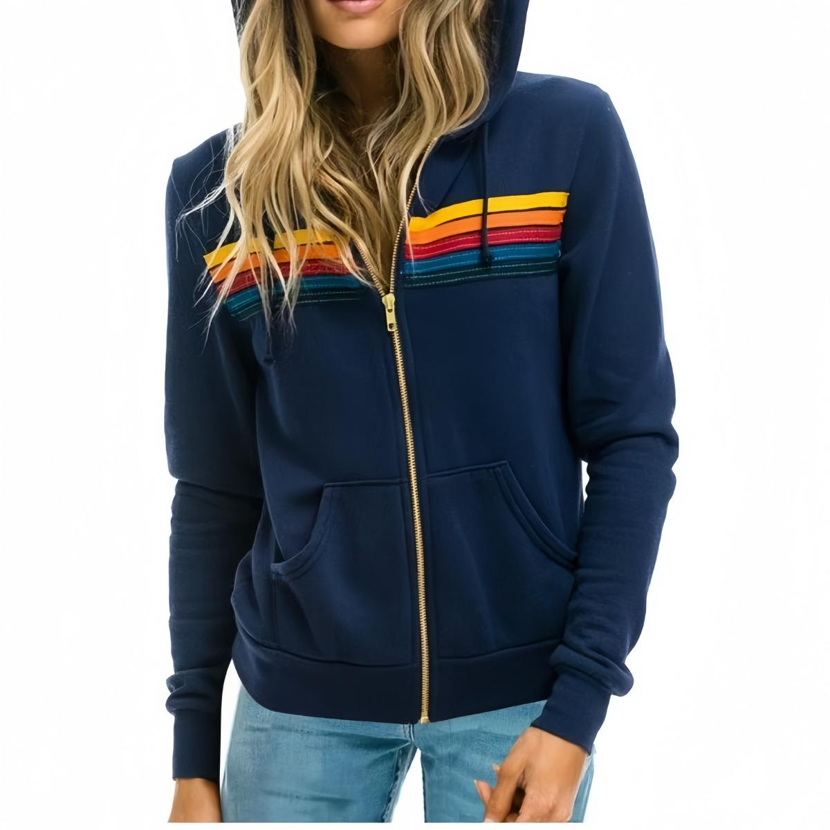 

2025 New Autumn Winter Unisex Fleece Lined Hoodie with Colorful Stripes Zip Loose Sweatshirt 5XL темно-синий
