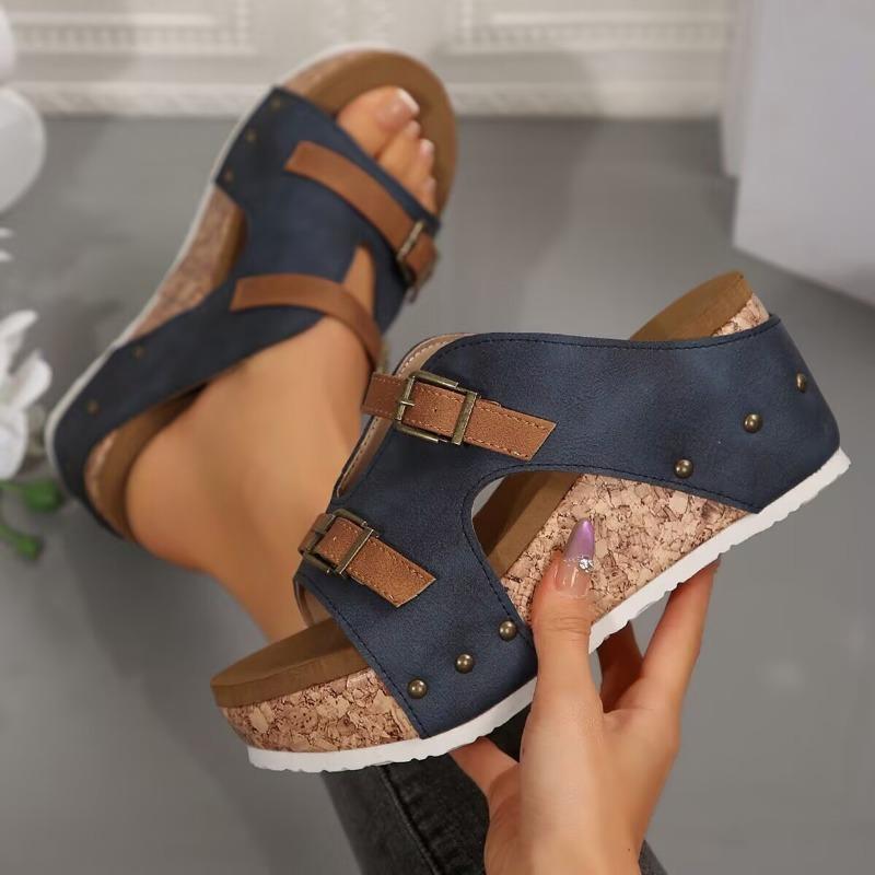 

Large size thick bottom slope heel cool slippers women s spring and summer new belt buckle open toe muffin beach cool slippers 36