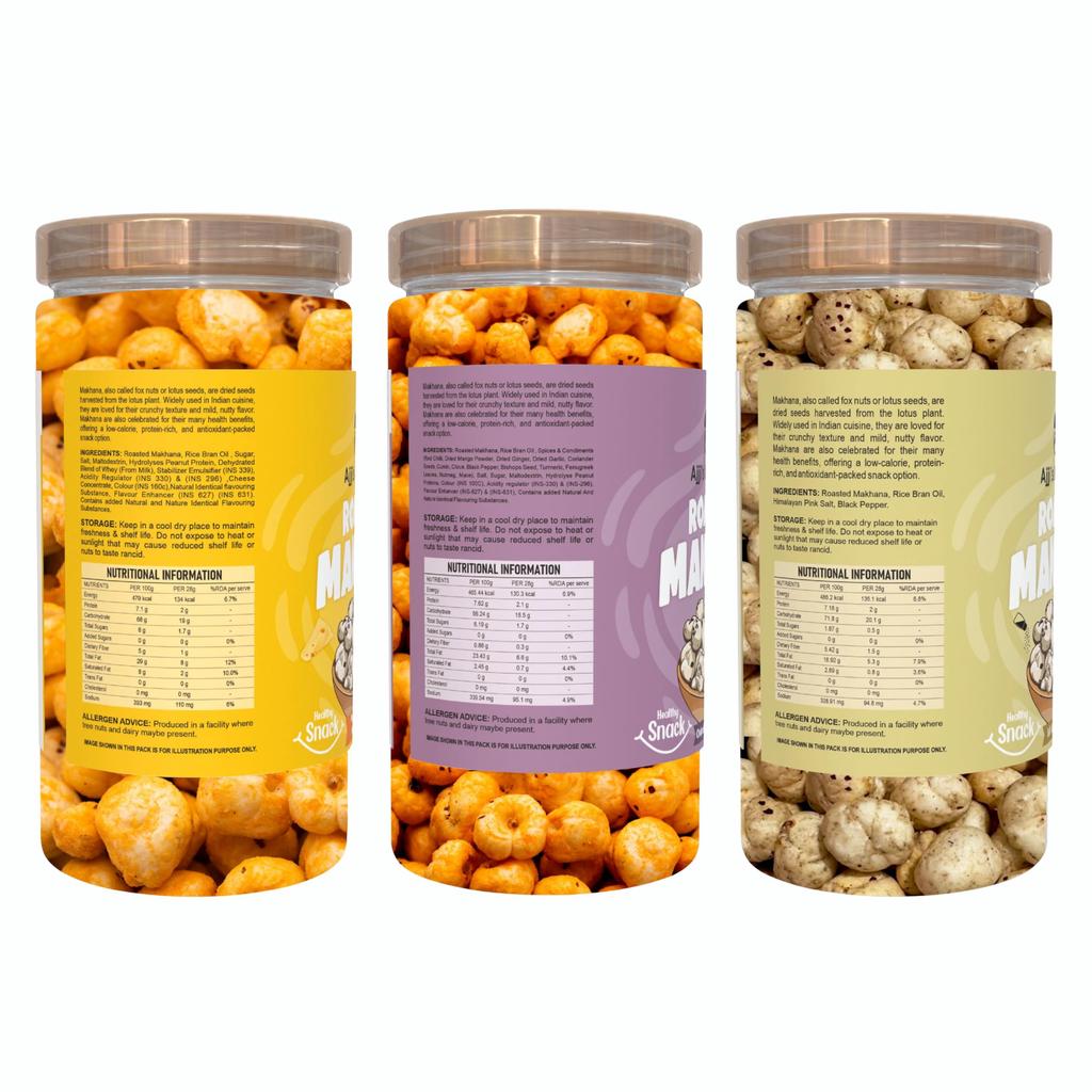 Ajji’s Nut Magic Roasted Makhana Combo (210g) | Cheese, Chatpata Masala & Salt & Pepper Flavors | Healthy Roasted Fox Nuts | Crunchy Lotus Seeds