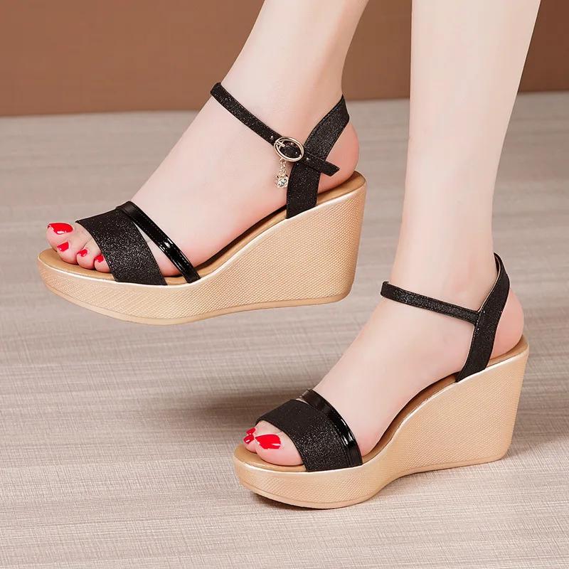 8cm Small Size 32-43 Comfortable Soft Leather Sandals Platform Shoes 2025 Womens High Heels Wedges Sandals for Office Beach Mom
