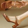 Square Head High-heeled Slippers Women's Summer Outer Wear 2025 Summer New Open-toed Thick Heel One-word Drag Soft Leather Soft-soled Sandals