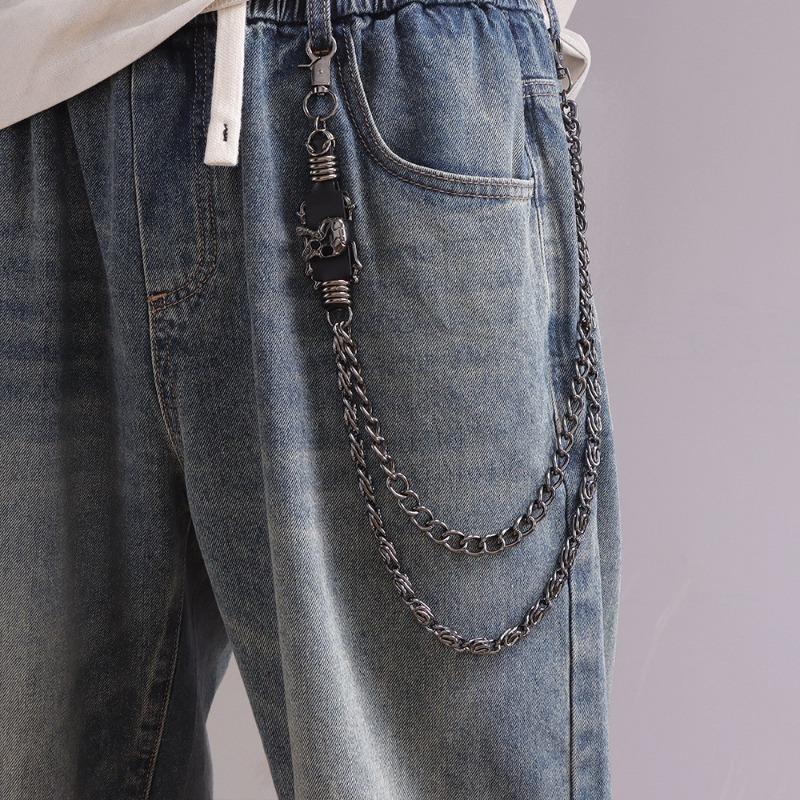 European and American punk style versatile metal jeans accessories waist chain, retro cowhide cross trendy men's and women's hip-hop trousers chain
