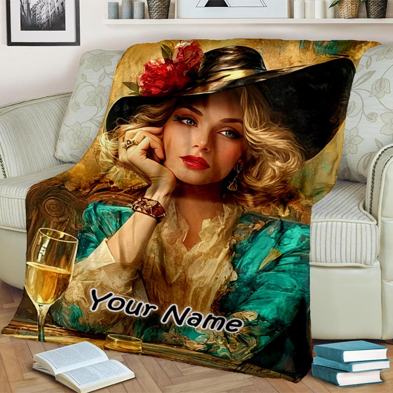 1PC Custom Name Elegant Woman Wine Glass Flannel Blanket Versatile,all-season Throw Suitable for the Living Room,bedroom,camping,travel,and Gift