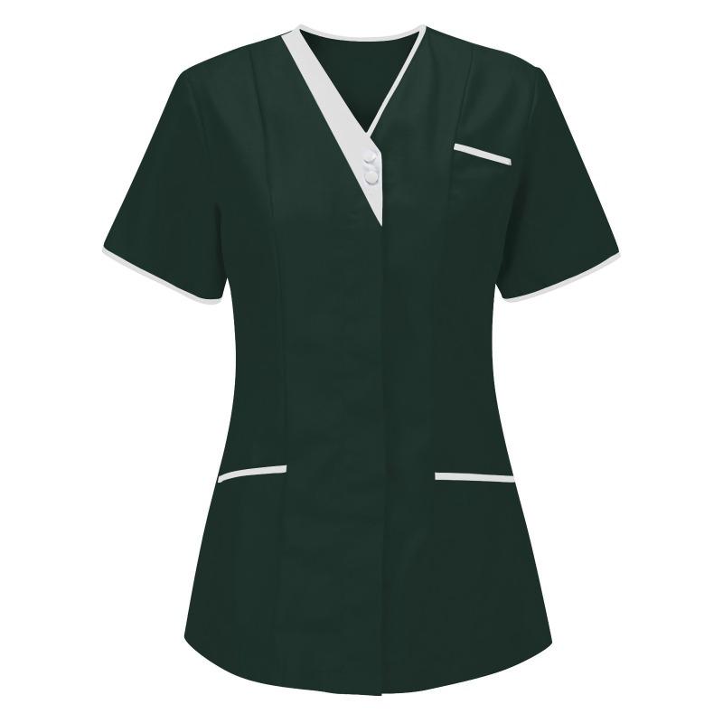 Women Solid Color Short-Sleeve V-neck Top Nurse Work Uniform Pocket Top