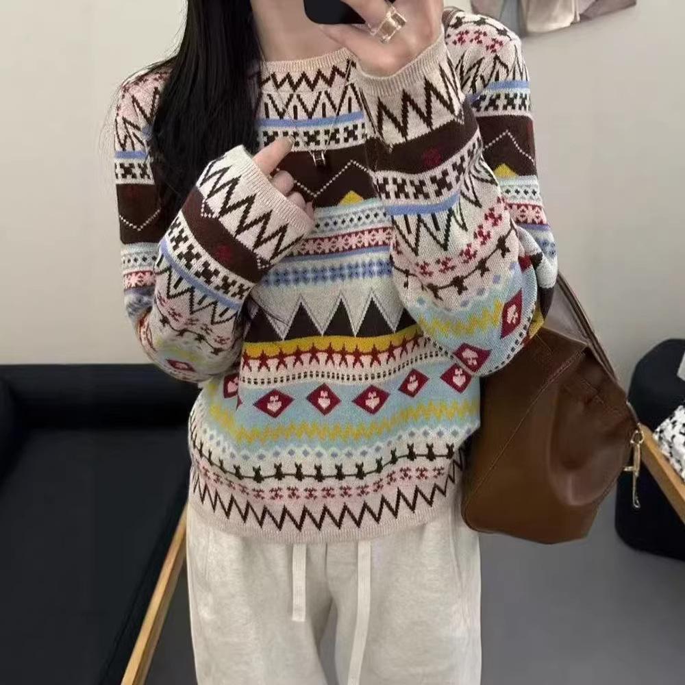 

Классический Геометрический Узор Трехмерный Вязаный Рождественский Толстый Жаккардовый Свитер для Женщин M бежевый