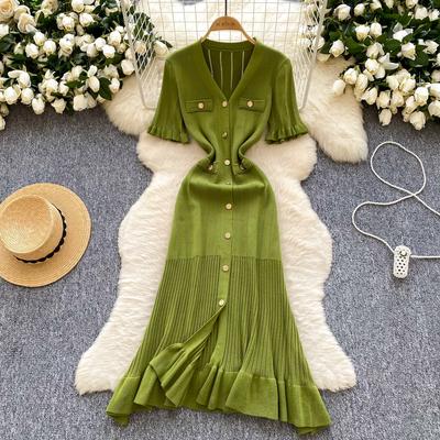 Summer Women Elegant V-neck Short Sleeve Single Breasted Knitted Sweater Long Midi Dresses