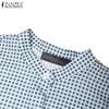 ZANZEA Women Casual Stand Neck Loose Plaid Print 3/4 Sleeve Blouse