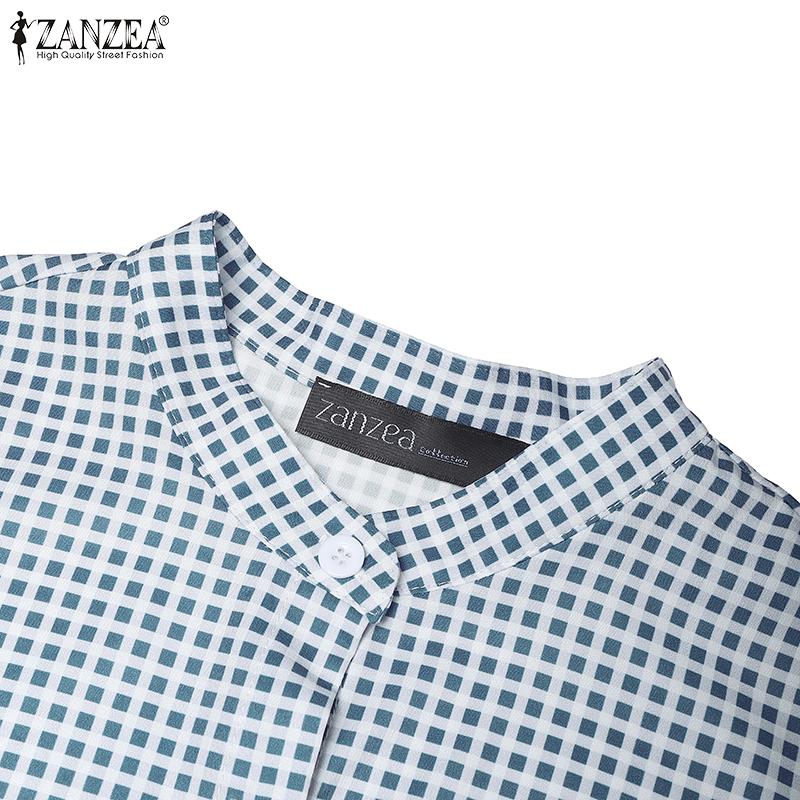 ZANZEA Women Casual Stand Neck Loose Plaid Print 3/4 Sleeve Blouse