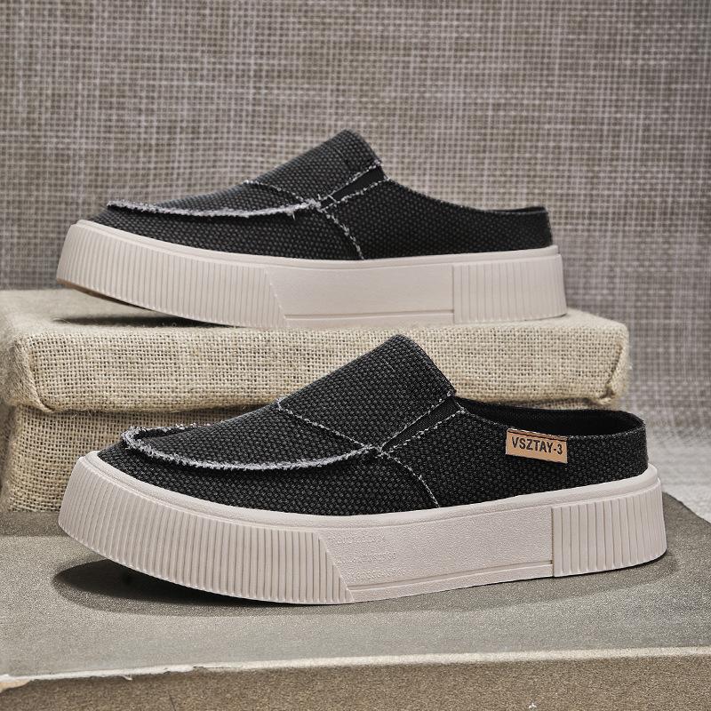 

Мужская обувь 2025 лето новая верхняя одежда мужские ленивые одна педаль повседневная универсальная без каблука льняная сумка голова половина тапочки 44 standard sneaker size чёрный