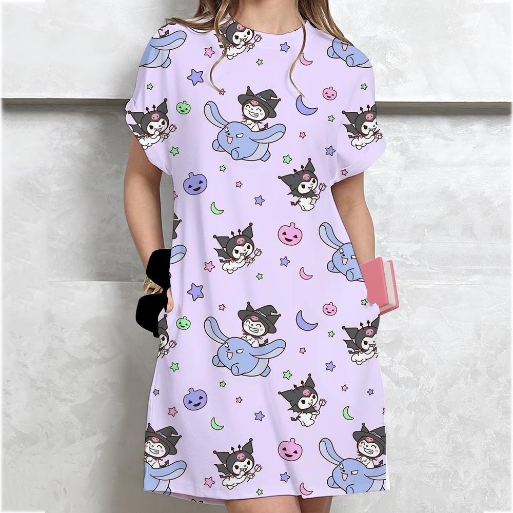 Korean-style Plus-size Hello Kitty print T-shirt Women's Summer Loose-fit Belly Covering Student Dress