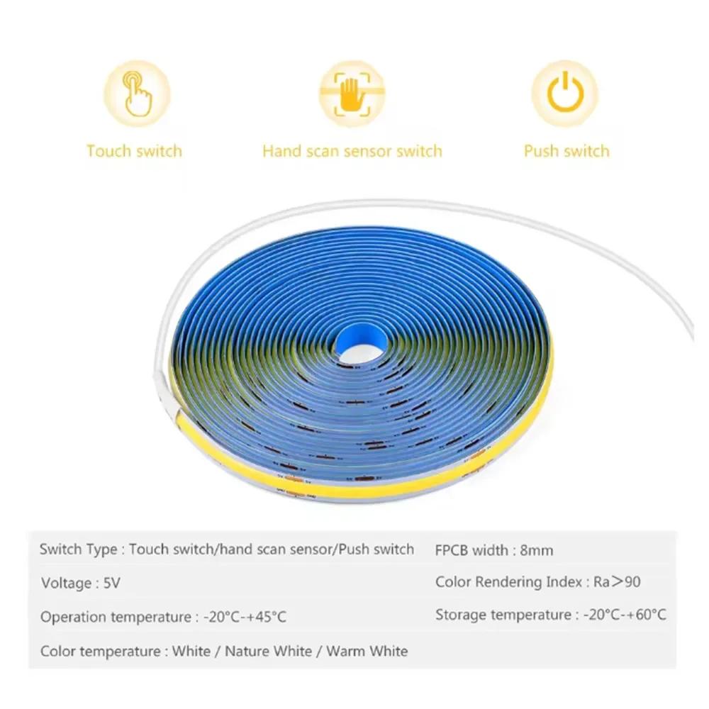 COB LED Strip Light Flexible High Brightness Tape 320LED Hand Sweep Gesture Sensor Touch Push Switch for Cabinet TV Room Decor