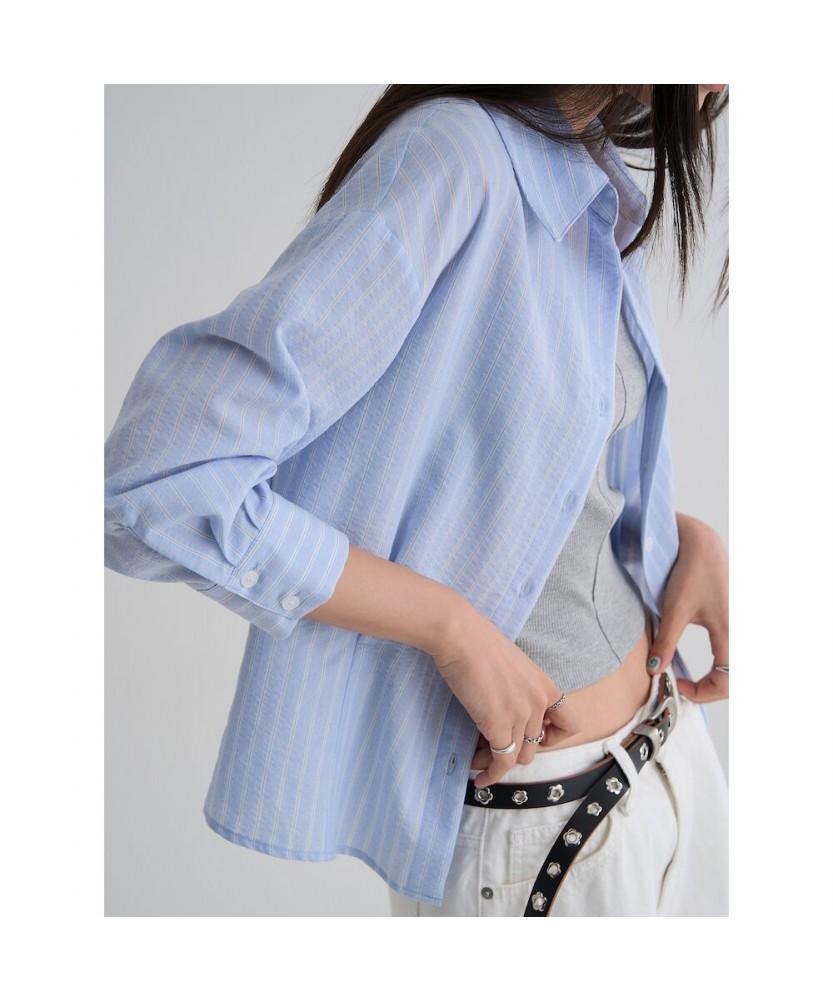 8SECONDS Striped Collared Neck Shirt Blouse Sky Blue