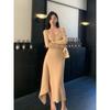 Niche off-the-shoulder knitted dress, early autumn new women's clothing, small slim-fitting sweater, long skirt.