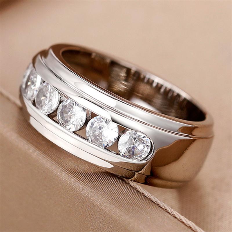 Silver Color Couple Rings with Round Cubic Zirconia Simple Versatile Design Wedding Bands Lover's Rings Statement Jewelry