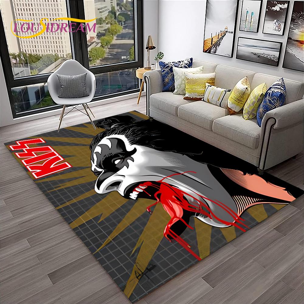 Retro Koberec KISS Rocková Kapela pro Domácí Obývací Pokoj Ložnici Hernu Pohovku Kuchyňskou Rohožku Dekor, Dětský Koberec Protiskluzová Podložka na Podlahu
