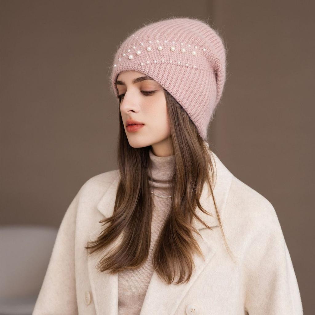 Fashion Winter Hat With Beads Details - Women'S Warm Knit Beanie In Western Style Thickened Outdoor Baggy Cap Female New