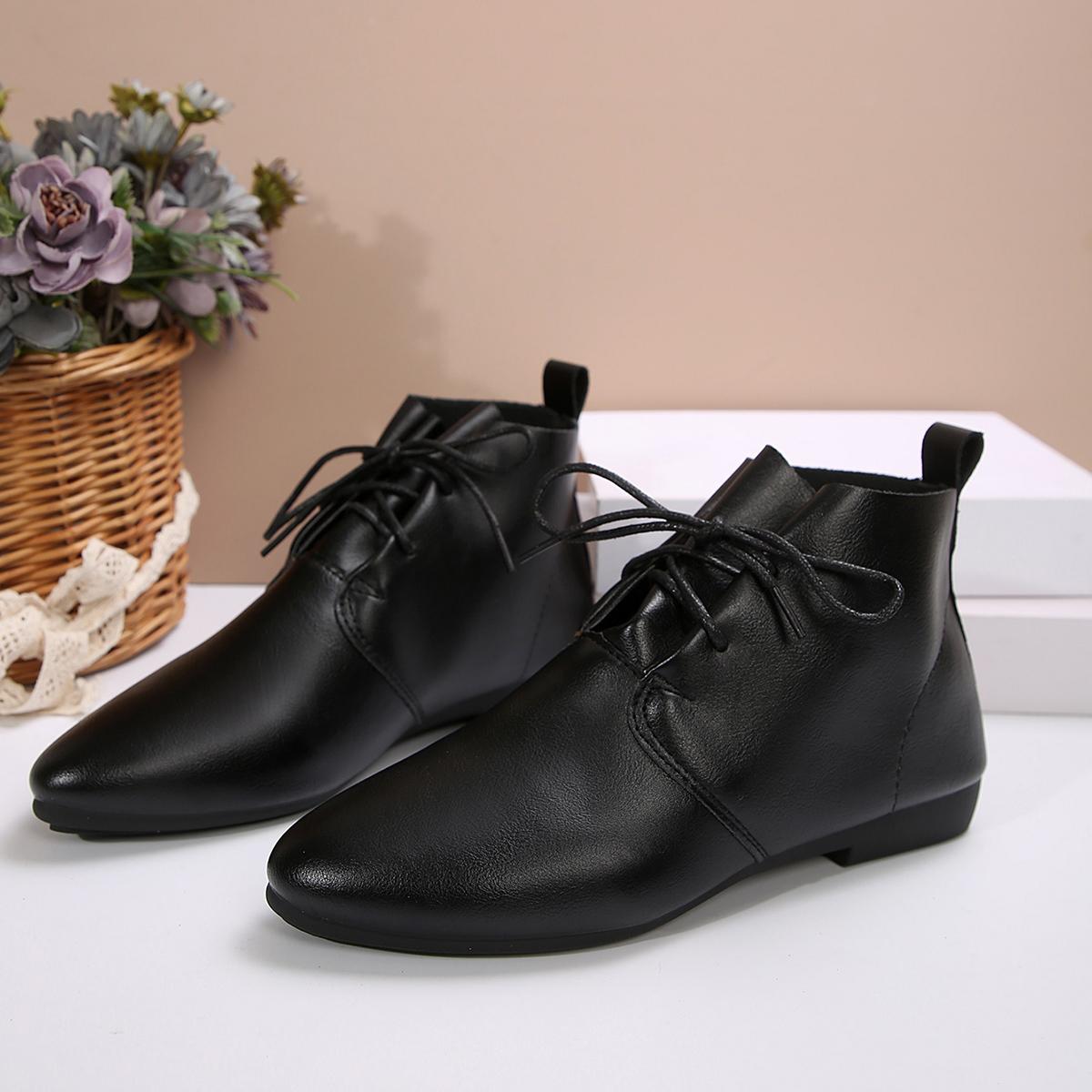 

Модные женские ботинки-дерби из мягкой кожи для осени, с высоким верхом, с острым носком, на низком каблуке, на шнуровке до щиколотки 39 чёрный