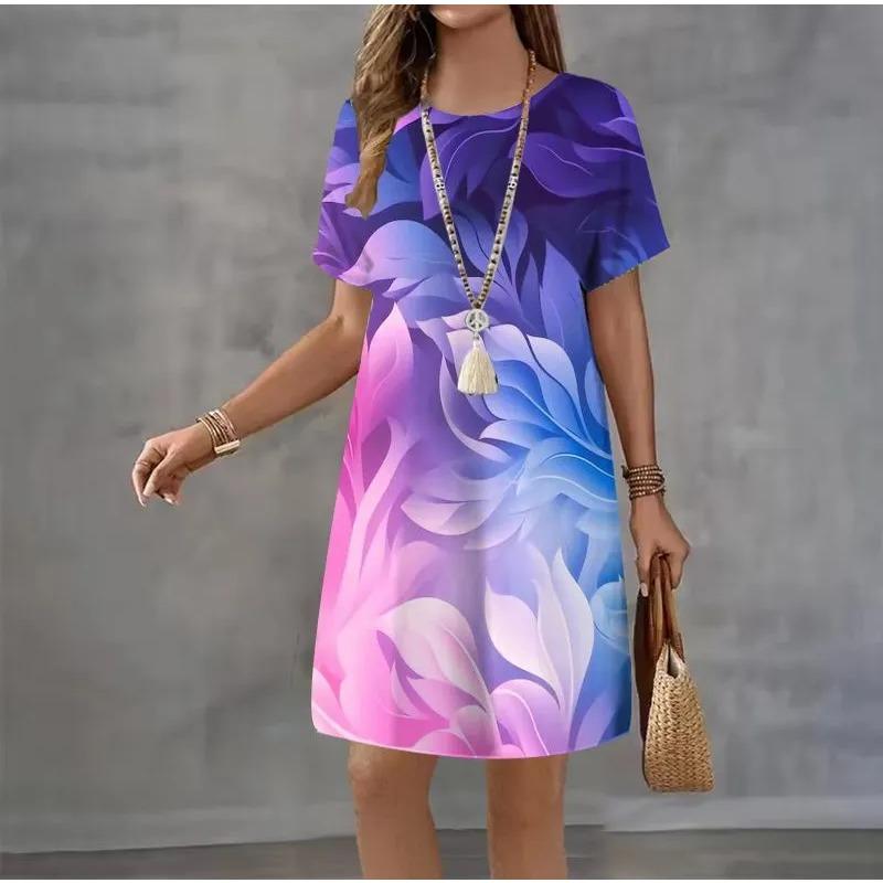 Summer Ladies 3D Printed Short Sleeve Dress Fashion Versatile Breathable Trend Casual