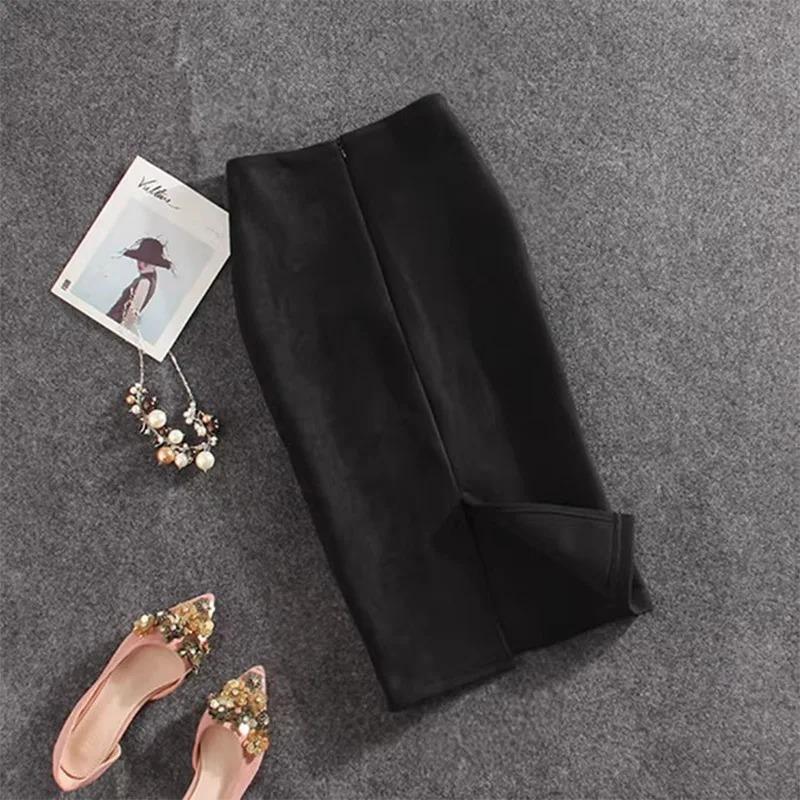 

Autumn Winter High Waist Bodycon Vintage Suede Split Thick Stretchy Skirts Women Skirts Suede Solid Color Pencil Skirt S