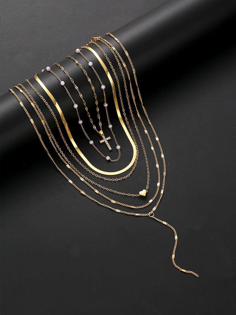 Set di 7 Collane Eleganti Boho Colore Oro per Donne Vintage Cuore Perla Zircone Multistrato Lungo Gioielli per Uso Quotidiano Nuovo