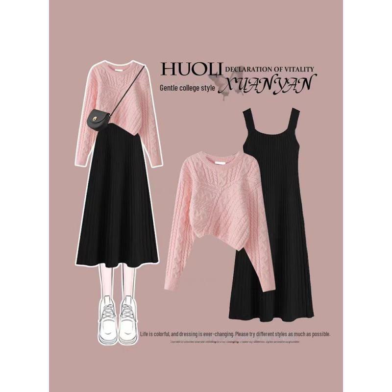 

Трикотаж для беременных на осень и весну: Комплект из свитера и платья с подтяжками класса люкс L