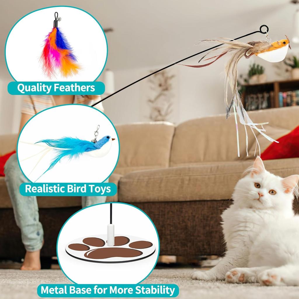 Interactive Cat Toy for Indoor,Metal Base Cat Toy,Cat Wand Toy Bird Simulation Toys Feather Toy 6 PCS Cat Toy Set