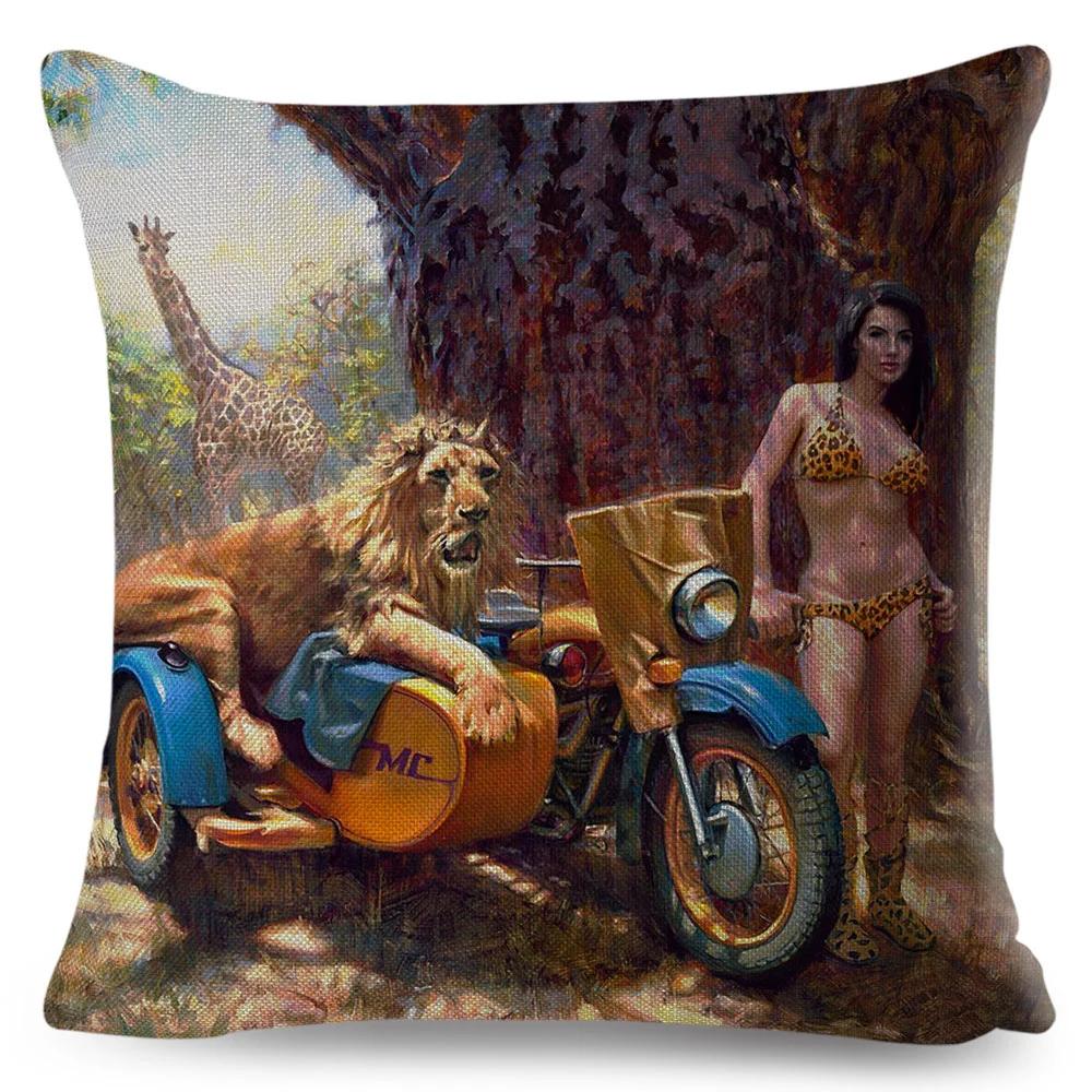 Vintage Sexy Motorrad Lady Kissenbezug Dekor Ölgemälde Cartoon Frauen Kissenbezug für Sofa Auto Polyester Kissenbezug 45x45