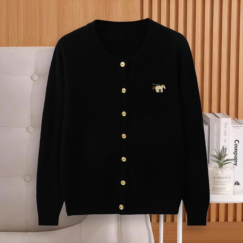 Women's Knitted Wool Cardigan with Round Neck and Small Horse Embroidery - 100% Pure Wool, New Autumn Collection.