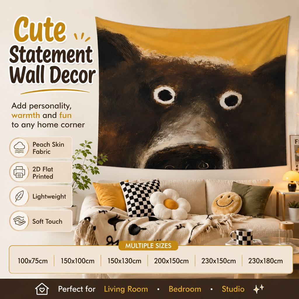 Funny Bear Face Tapestry 2D Flat Printed Peach Skin Wall Hanging Quirky Animal Backdrop for Dorm Living Room Bedroom Decor