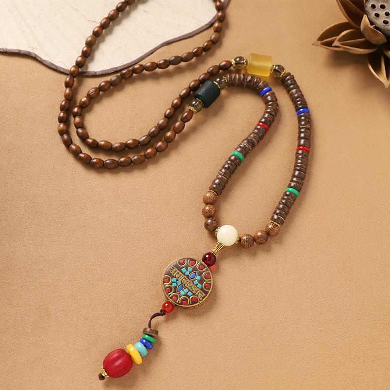 Nepalesiskt halsband retro litterärt träpärlat långt exotiskt tröjkedja damaccessoarer