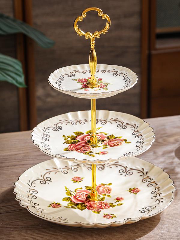 Ceramic Three-Tier Pastry Stand: English-European Style Fruit Bowl, Cake, Candy, and Snack Plate for Afternoon Tea.