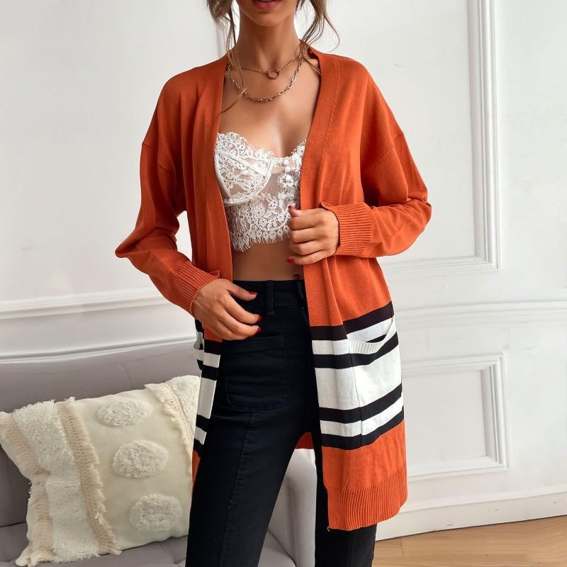 Women's Cardigan, Striped, Color-Block, Long Sleeve