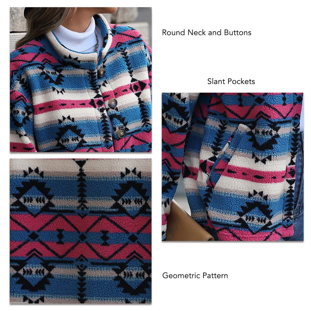 Womens Aztec Shacket Jacket Geometric Patterns Long Sleeve Button Down Fleece Short Coat for Home