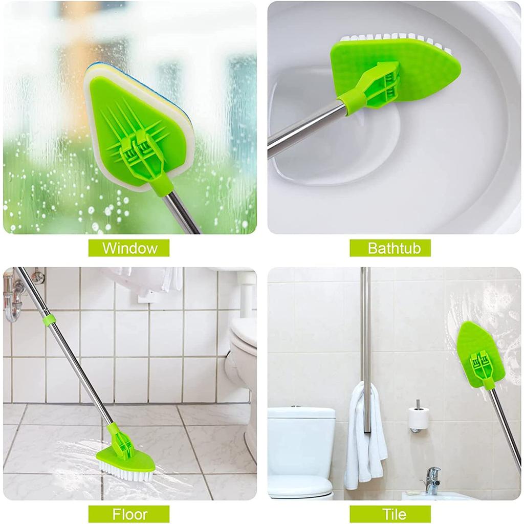 3 In 1 Long Handle Tile Scrubber Cleaning Brush Triangle Sponge Glass Wiper 180° Rotatable Retractable Bathroom Floor Cleaning