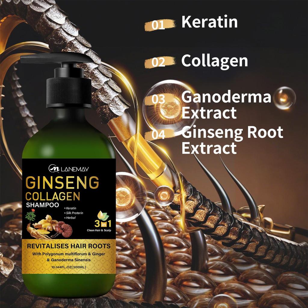 Ginseng Collagen Hair Shampoo-Deep Clean-Moisturize Scalp-Lasting Fragrance-Suitable For All Hair Types, 300ml