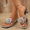 Fashion Silver Flower Decor High Heel Slippers for Women 2025 Summer Thin Heeled Square Toe Sandals Woman Fashion Party Sandalias Mujer