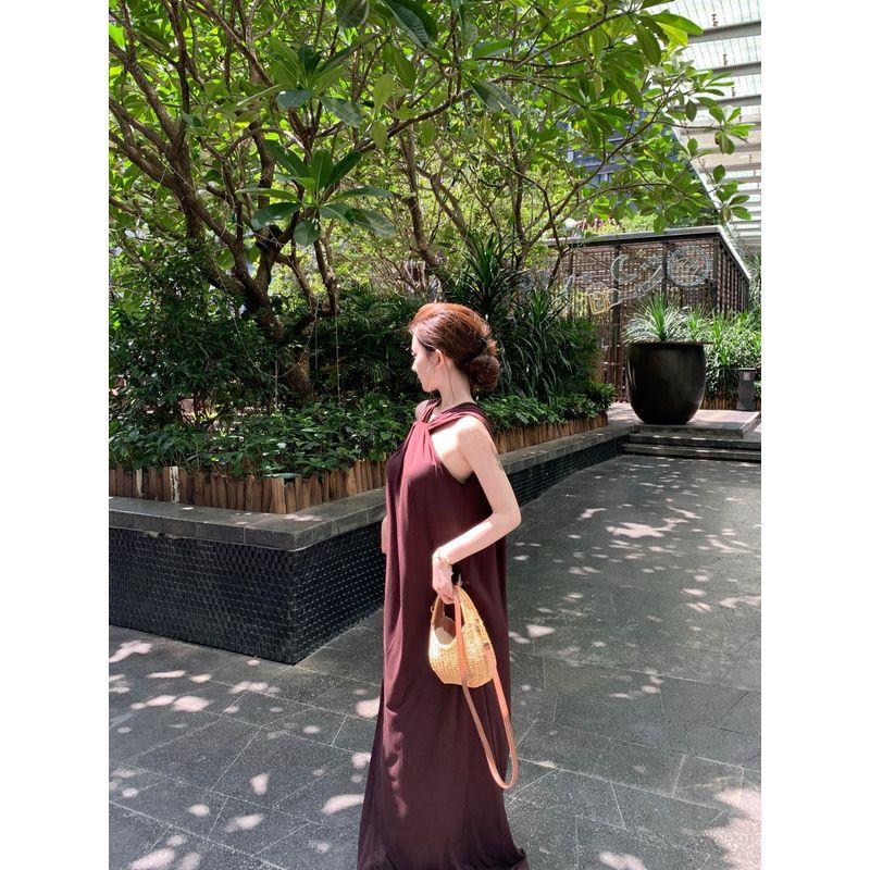 Kumikumi French Style Temperament Coffee Color Sleeveless Hanging Neck Dress Women Summer All-Match Loose Slimming Drape Long Dress
